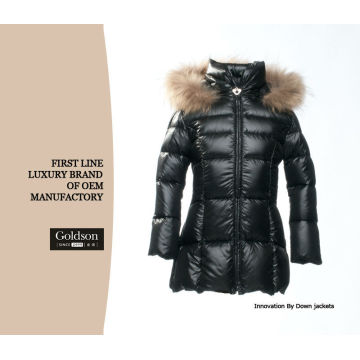 Design Europeu Long Warm Winter Meninas Black Long Goose Down Jacket com capa de pele